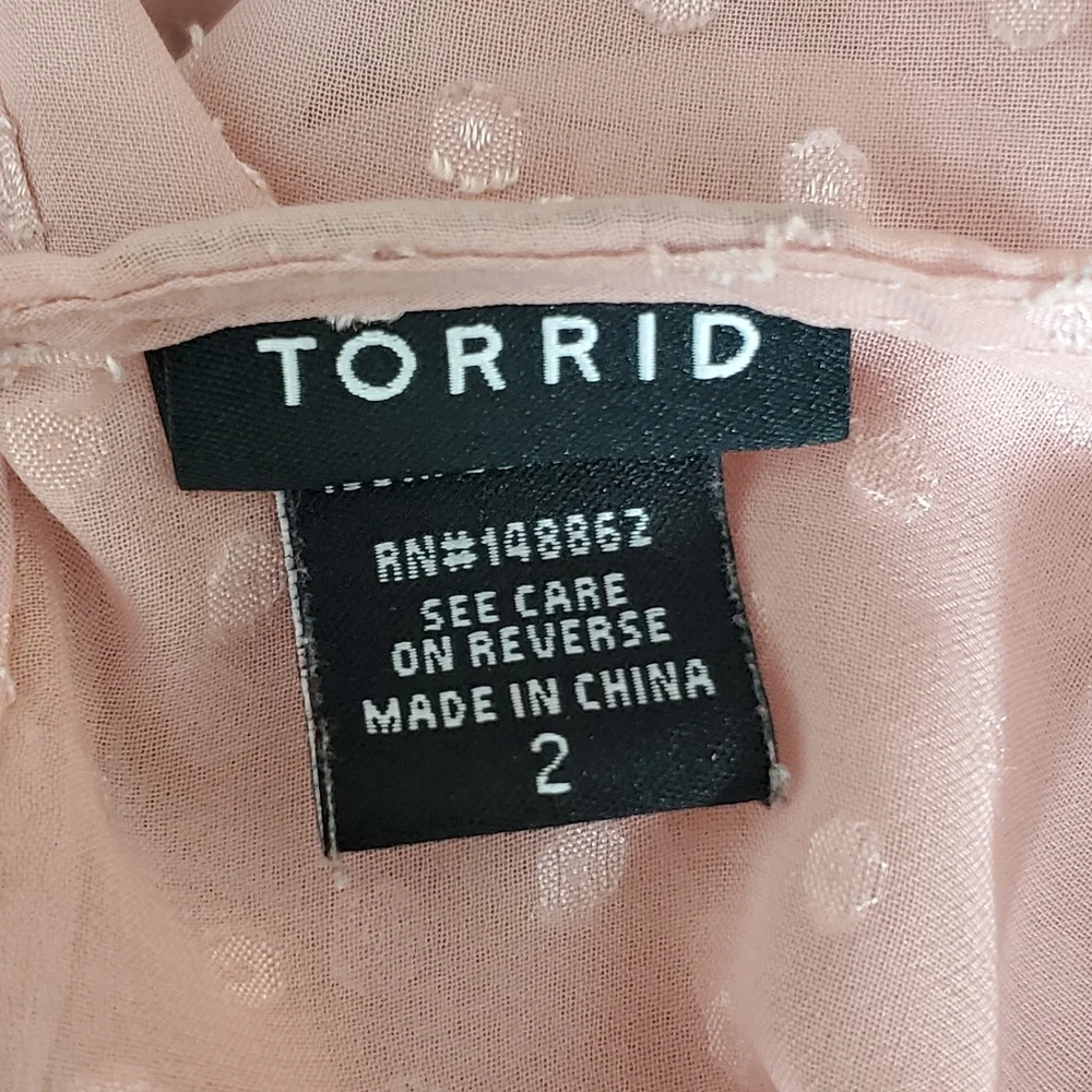 Torrid Pink Polka Dot Ruffle‎ Chiffon Top. Size: 2 - Picture 3 of 8